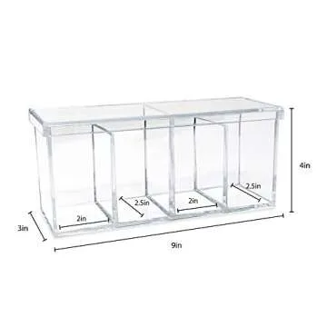 Isaac Jacobs 4-Compartment Clear Acrylic Organizer with Lid (9” L x 3” W x 4” H), Makeup Brush Holder, Sectional Tray, Storage Solution for Makeup, Crafts, Office Supplies & More (1, Clear)