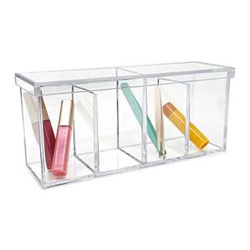 Isaac Jacobs 4-Compartment Clear Acrylic Organizer with Lid (9” L x 3” W x 4” H), Makeup Brush Holder, Sectional Tray, Storage Solution for Makeup, Crafts, Office Supplies & More (1, Clear)