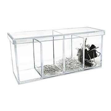 Isaac Jacobs 4-Compartment Clear Acrylic Organizer with Lid (9” L x 3” W x 4” H), Makeup Brush Holder, Sectional Tray, Storage Solution for Makeup, Crafts, Office Supplies & More (1, Clear)