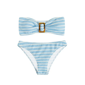 GORGLITTER Women's 2 Piece Striped Swimsuit Strapless Bandeau High Waisted Thong Bikini Set Bathing Suit Blue and White Large