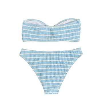 GORGLITTER Women's 2 Piece Striped Swimsuit Strapless Bandeau High Waisted Thong Bikini Set Bathing Suit Blue and White Large