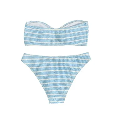 GORGLITTER Women's 2 Piece Striped Swimsuit Strapless Bandeau High Waisted Thong Bikini Set Bathing Suit Blue and White Large