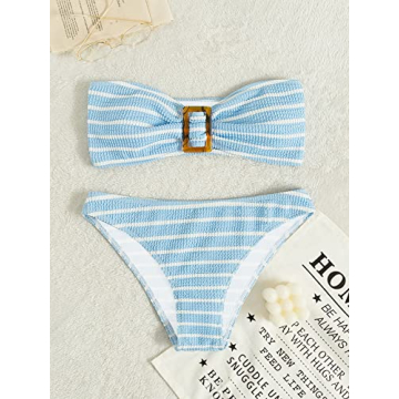 GORGLITTER Women's 2 Piece Striped Swimsuit Strapless Bandeau High Waisted Thong Bikini Set Bathing Suit Blue and White Large