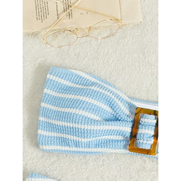 GORGLITTER Women's 2 Piece Striped Swimsuit Strapless Bandeau High Waisted Thong Bikini Set Bathing Suit Blue and White Large