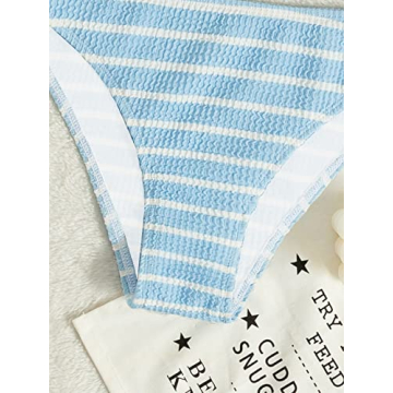 GORGLITTER Women's 2 Piece Striped Swimsuit Strapless Bandeau High Waisted Thong Bikini Set Bathing Suit Blue and White Large