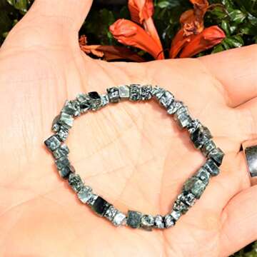 Charged 7" Russian (Rare) Seraphinite Crystal Chip Bracelet Tumble Polished Stretchy + Selenite Charging Heart Included Chain (Activate Kundalini & Chakras - HIGH Spiritual Energy)