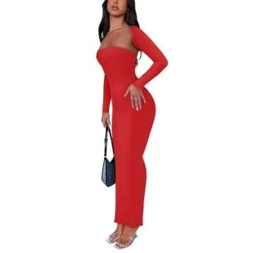 REORIA Womens Sexy 2 Piece Outfits Long Sleeve Bolero Shrug Going Out Strapless Fashion Maxi Dress Bodycon Matching Sets