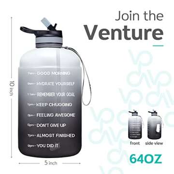 Venture Pal Half Gallon Water Bottle with 2 Lids, Large 64 oz Water Jug with Motivational Time Marker to Ensure You Drink Enough Water-White/Gray Gradient