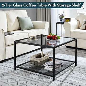 SAYGOER Coffee Table with Storage Modern Glass Coffee Tables Square Industrial Simple Center Table for Living Room Home Office Small Space 27.6 x 27.6 x 17.7 Inches Easy Assembly Gray Black