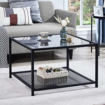 SAYGOER Coffee Table with Storage Modern Glass Coffee Tables Square Industrial Simple Center Table for Living Room Home Office Small Space 27.6 x 27.6 x 17.7 Inches Easy Assembly Gray Black