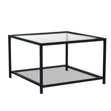 SAYGOER Coffee Table with Storage Modern Glass Coffee Tables Square Industrial Simple Center Table for Living Room Home Office Small Space 27.6 x 27.6 x 17.7 Inches Easy Assembly Gray Black