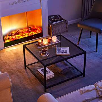 SAYGOER Coffee Table with Storage Modern Glass Coffee Tables Square Industrial Simple Center Table for Living Room Home Office Small Space 27.6 x 27.6 x 17.7 Inches Easy Assembly Gray Black