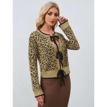 Ythomm Women Leopard Print Bow Tie Cardigan Sweaters Long Sleeve Crewneck Open Front Knit Cardigan C...