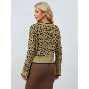 Ythomm Women Leopard Print Bow Tie Cardigan Sweaters Long Sleeve Crewneck Open Front Knit Cardigan Coats Casual Loose Outwear Apricot