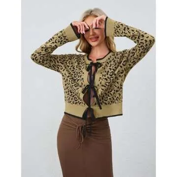 Ythomm Women Leopard Print Bow Tie Cardigan Sweaters Long Sleeve Crewneck Open Front Knit Cardigan Coats Casual Loose Outwear Apricot