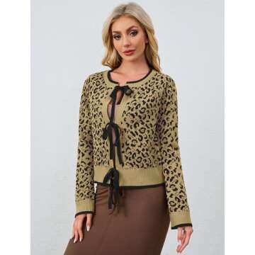 Ythomm Women Leopard Print Bow Tie Cardigan Sweaters Long Sleeve Crewneck Open Front Knit Cardigan Coats Casual Loose Outwear Apricot