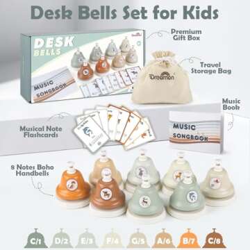 Desk Bells for Kids - Neutral Color Diatonic Hand Bells with 20 Songbook & Note Cards - Preschool Le...