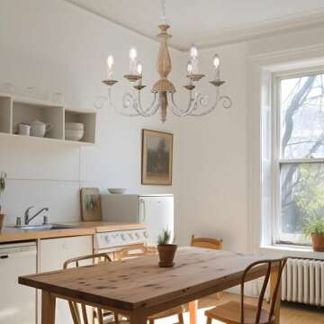 Tescruant Rustic French Country Chandelier Mid Century Modern 6-Lights Candle Style Chandelier Light Fixture Vintage Distressed Wood Chandelier for Dining Room, Kitchen, Living Room, E12