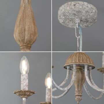 Tescruant Rustic French Country Chandelier Mid Century Modern 6-Lights Candle Style Chandelier Light Fixture Vintage Distressed Wood Chandelier for Dining Room, Kitchen, Living Room, E12