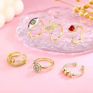 BELLNA 3Pcs Evil Eye Rings for Women 18K Gold Plated Cubic Zirconia Open Ring Set Adjustable Fidget Relieve Anxiety Rings for Women (EvilEye-Golden)