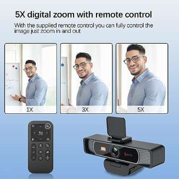 Angetube Webcam 4K - 5X Zoomable Webcam with Remote and Noise-Canceling Mics, Auto Light Correction, Wide Field of View, USB Computer Web Camera Work with MS Teams, Zoom, Google Meet, PC/Mac/Laptop