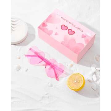 LYMOJOR 12 Pairs Pink Heart Sunglasses for Women, Candy Color Rimless Fun Heart Glasses for Women Party Favors