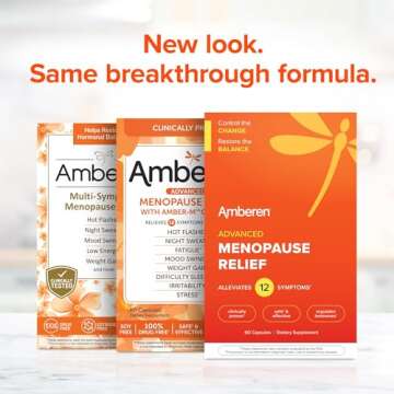Amberen: Safe Multi-Symptom Menopause Relief. Clinically Shown to Relieve 12 Menopause Symptoms: Hot Flashes, Night Sweats, Mood Swings, Low Energy and More. 1 Month Supply