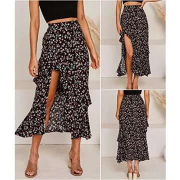 BTFBM Women 2025 Summer Spring Boho Long Skirts Dress Floral Print Elastic Waist Split Ruffle High Low Beach Maxi Skirt(Z-Black, Small)
