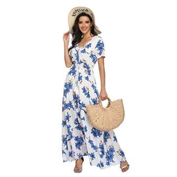 VintageClothing Women's Floral Maxi Dresses Boho Button Up Split Summer Casual Long Dress Beach Party Dress, S