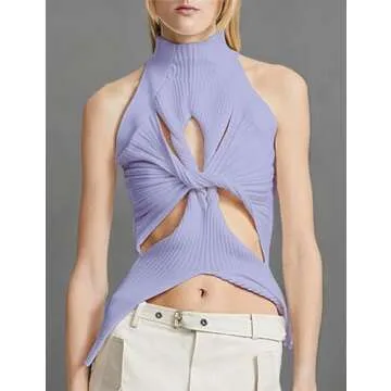 SAFRISIOR Women Sexy Hollow Out Twist Front Knitted Tank Tops Sleeveless High Neck Cut Out Sweater Vest Purple