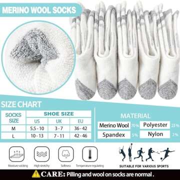 EBMORE Womens Merino Wool Hiking Socks Thermal Warm Winter Boot Crew Cushion Work Gift Socks 5 Pairs(Grey White,M)