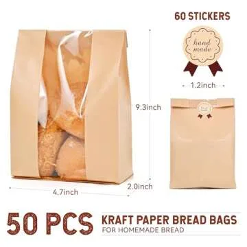 50 Pack Bread Bags for Homemade Bread with Stickers, Sourdough Paper Bread Bags with Clear Window, B...