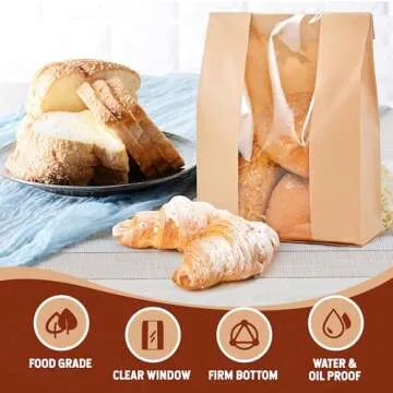 50 Pack Bread Bags for Homemade Bread with Stickers, Sourdough Paper Bread Bags with Clear Window, Bread Storage for Homemade Bread Sourdough Bread Baking Supplies (Brown, 9.3 * 4.7 * 1.9 Inch)