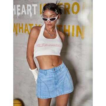 MakeMeChic Women's Denim Skirt Y2K Flap Pocket Denim Skort Low Rise Mini Jean Skirt Light Blue S