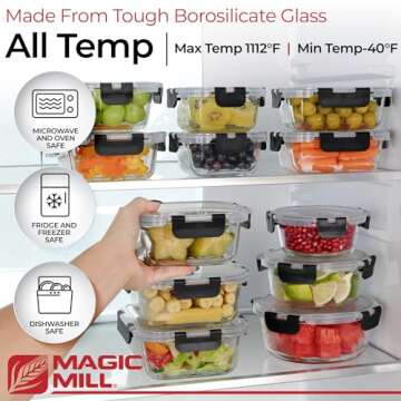 Magic Mill Glass Storage Containers with lids Set | Ultimate 24pc Set with BPA-Free Airtight Locking Lids for Lunch, Food Storage, Meal Prep, Safe in Fridge, Freezer, Dishwasher Safe for Easy Clean