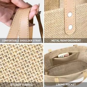 hatisan Large Jute Beach Bag for Women Woven Straw Beach Tote Bag Shoulder Handbags Boho Bag(Pure Beige)