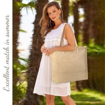 hatisan Large Jute Beach Bag for Women Woven Straw Beach Tote Bag Shoulder Handbags Boho Bag(Pure Beige)
