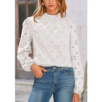 PRETTYGARDEN Tops for Women Trendy 2025 Spring Long Sleeve Blouses Dressy Casual Embroidered Eyelet Going Out Shirts (White,Large)