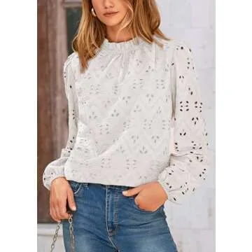 PRETTYGARDEN Tops for Women Trendy 2025 Spring Long Sleeve Blouses Dressy Casual Embroidered Eyelet Going Out Shirts (White,Large)