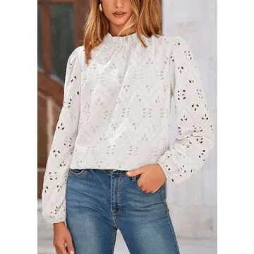 PRETTYGARDEN Tops for Women Trendy 2025 Spring Long Sleeve Blouses Dressy Casual Embroidered Eyelet Going Out Shirts (White,Large)