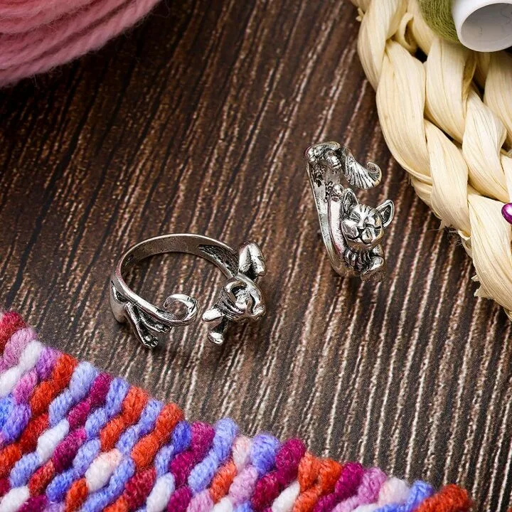 Adjustable Cat Knitting Loop Rings - 3 Pieces Set