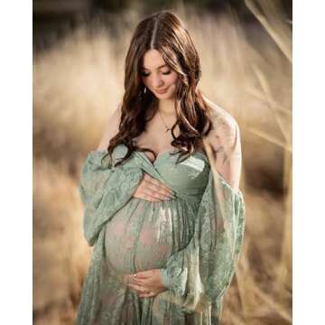Saslax Lace Off Shoulder Doubly Split A-line Skirt Maternity Dress Soft Stretchy Pregnancy Prop Maxi Gown for Photoshoot Sage X-Large