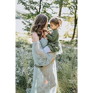Saslax Lace Off Shoulder Doubly Split A-line Skirt Maternity Dress Soft Stretchy Pregnancy Prop Maxi Gown for Photoshoot Sage X-Large