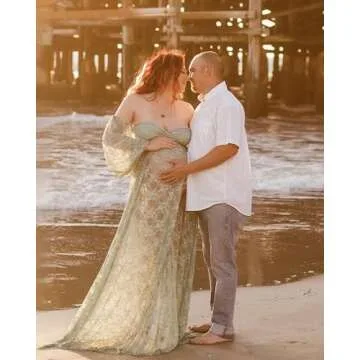 Saslax Lace Off Shoulder Doubly Split A-line Skirt Maternity Dress Soft Stretchy Pregnancy Prop Maxi Gown for Photoshoot Sage X-Large