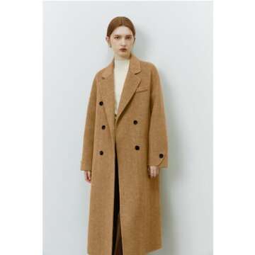 Peaceglad Winter Trench Coats for Women Trendy Long Pea Coat Double Breasted Button Lapel Belted Peacoat (Khaki M)