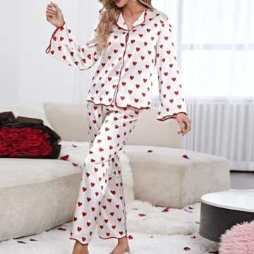 MYBFYABO Women Heart Pajamas Set Long Sleeve Love Printed Satin PJ Sets Button-Down Pajama Sleepwear...
