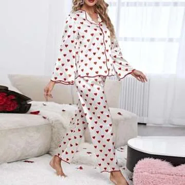MYBFYABO Women Heart Pajamas Set Long Sleeve Love Printed Satin PJ Sets Button-Down Pajama Sleepwear Loungewear(Love White, S)