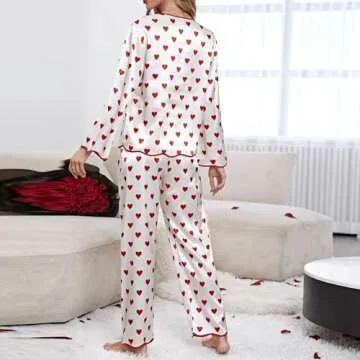 MYBFYABO Women Heart Pajamas Set Long Sleeve Love Printed Satin PJ Sets Button-Down Pajama Sleepwear Loungewear(Love White, S)