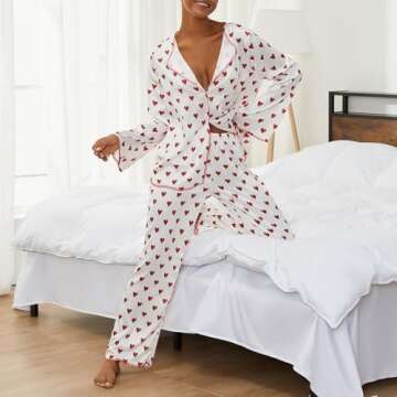 MYBFYABO Women Heart Pajamas Set Long Sleeve Love Printed Satin PJ Sets Button-Down Pajama Sleepwear Loungewear(Love White, S)