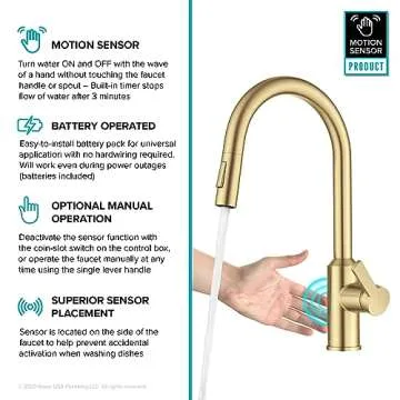 KRAUS Oletto Touchless Sensor Pull-Down Single Handle Kitchen Faucet in Brushed Brass, KSF-2830BB